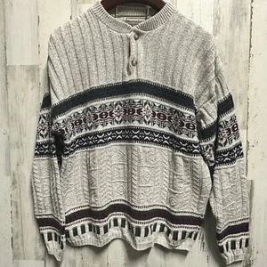 Vintage Made in USA Nordic Henley Sweater Gray 100% Cotton Men’s Large - Picture 1 of 9