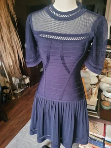 Herve Leger "Haylynn" Blue Flared Sheer Yoke Dress - $1,690 - Picture 1 of 5