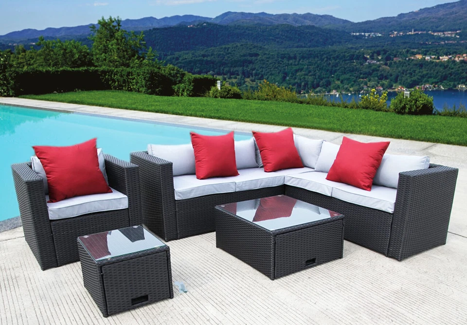 BLACK RATTAN GARDEN WICKER OUTDOOR CONSERVATORY CORNER SOFA FURNITURE SET - Image 1 of 1