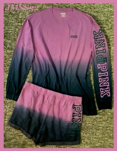 Victoria's Secret Pink Ombre Dip Dye Campus Tee Shirt + Shorts Set Amethyst L XL - Picture 1 of 12