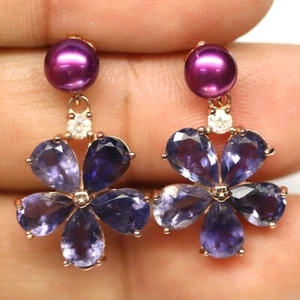 925 Sterling Silver Blue Iolite, Pearl Zircon Earrings Rose Gold Coated - Picture 1 of 4