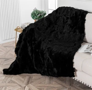Luxury Fur Throw Rabbitd Hide Fur Blanket Pelt Warm Bedspread King Black 80x70in - Picture 1 of 11