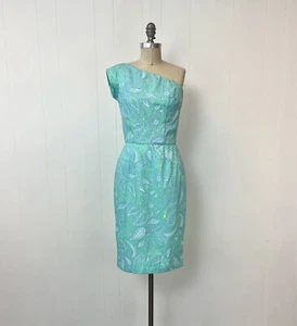 1960s Key West Hand Print Fabrics Paisley Green Blue One Shoulder Wiggle Dress - Picture 1 of 20