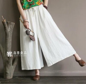 Womens Retro Cotton Linen Pants Summer Vintage Loose Wide Leg Long Bloomers New - Picture 1 of 11