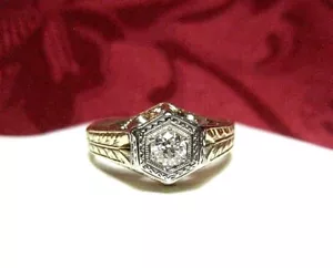ANTIQUE 14K TWO-TONE GOLD DIAMOND ENGAGEMENT RING .30 CTW ETCHED VINTAGE SIZE 10 - Picture 1 of 11