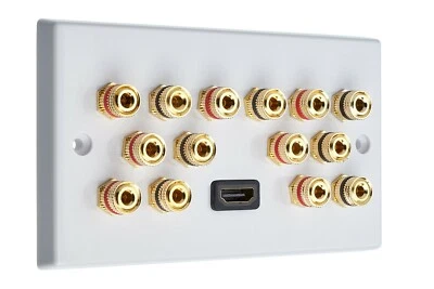 White 7.0-1H Speaker Wall Plate + 1 HDMI. 14 Gold Binding Posts Non-solder - Image 1 of 3