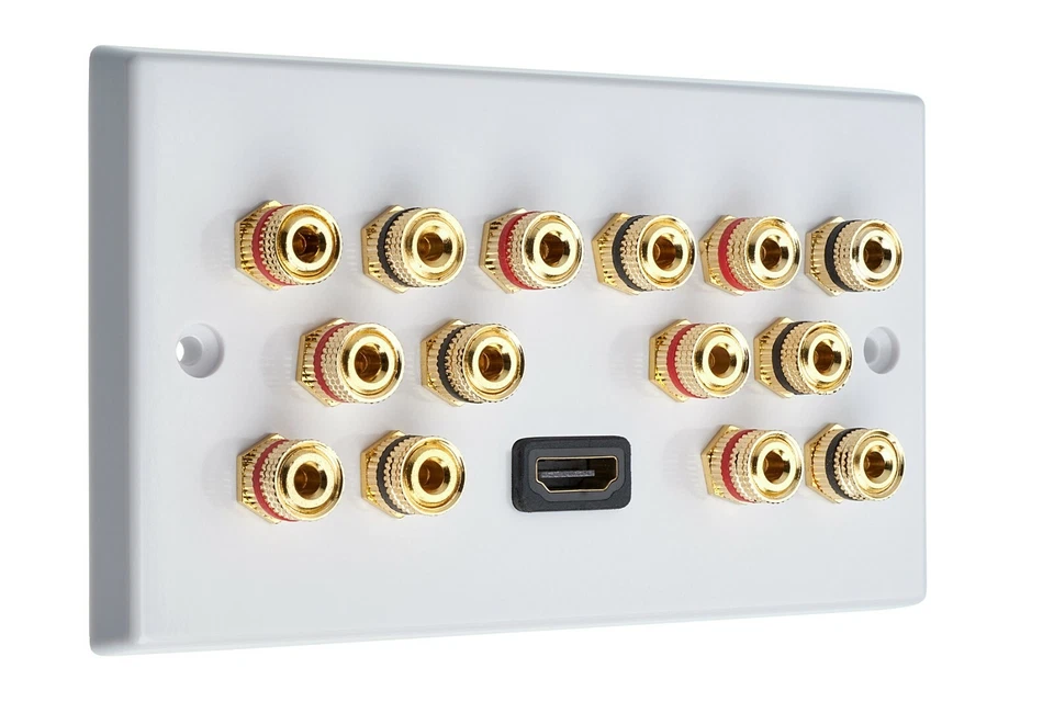 White 7.0-1H Speaker Wall Plate + 1 HDMI. 14 Gold Binding Posts Non-solder - Image 1 of 3