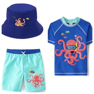 Gymboree 7 Boys Splish Splash Rashguard shorts Set Octopus Fish NWT Sunhat Swim - Picture 1 of 6