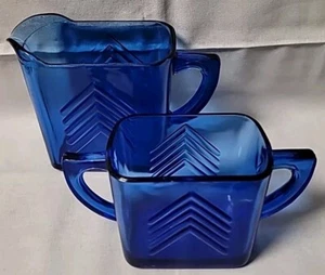 Cobalt Blue Hazel Atlas Glass Chevron Creamer/Milk Pitcher & Sugar Set ArtDeco - Picture 1 of 22