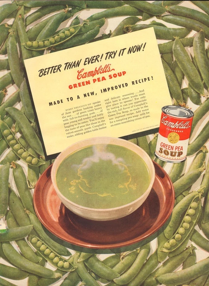 1947 Campbell's PRINT AD tigela de sopa de ervilha verde ótima diversão decoração de cozinha colorida - Imagem 1 de 1