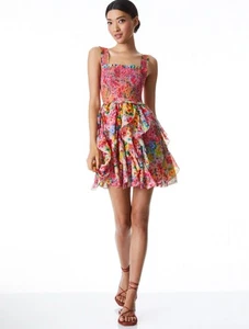 ALICE + OLIVIA Jocelyn Smocked Ruffle Minidress Multi Colored Floral Print Sz 12 - Picture 1 of 6