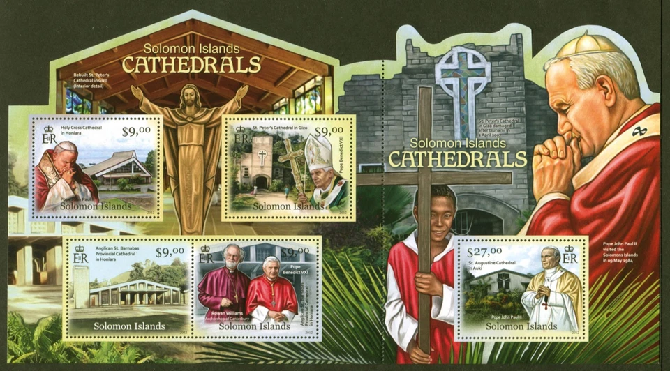 Islas Salomón Sc# 1148, Papas y catedrales, hoja de 5, en muy buen estado/muy buen estado MNH, SCV: $18,10 Foto 1 de 1