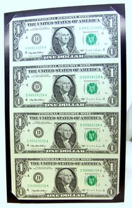 Uncut United States Currency Sheet! Four 1 Dollar Bills, 1995! NO RESERVE! - Picture 1 of 3