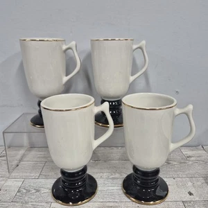 Vintage 4x HALL 1273 Mugs Footed 6.25" Irish Coffee Cups Black White Gold Trim - Picture 1 of 10
