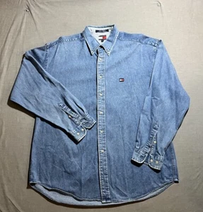 Vintage Tommy Hilfiger Heavy Denim Shirt Jacket Shacket Men’s L Blue Flag Pocket - Picture 1 of 9