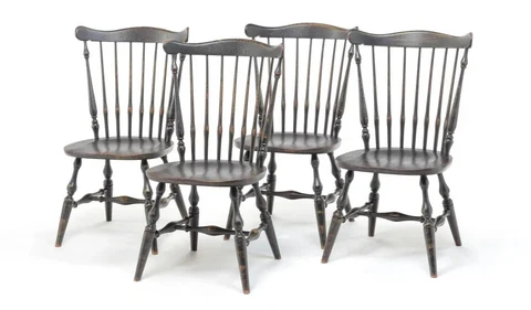 Set of 4 Ethan Allen Fan Back Windsor Chairs Black Crackle Distressed Paint Cover