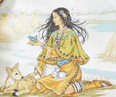 SCHEMA A PUNTO CROCE DONNA NATIVE AMERICAN HIGH-QUALITY DMC CROSS STITCH PATTERN - Image 1 of 2