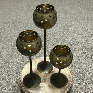 Brass Candle Holders Set Of 3 Celestial Tiered Chalice Ball Globes Graduated - Picture 1 of 12