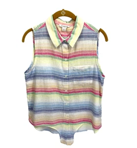 Beach Lunch Lounge Top Sleeveless Tie Front Linen Cotton Stripe Multi SZ M - Picture 1 of 6