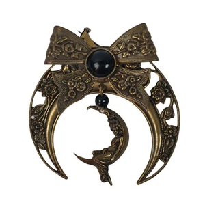 Victorian Style Double Crescent Moon w Woman Lying on Moon Brooch Pin Pendant - Picture 1 of 5