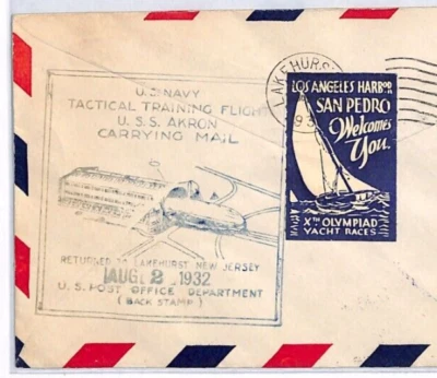 USA Air 1932 Cover OLYMPICS *SAILING* LOS ANGELES Label USS AKRON Flight YW125 - Image 1 of 4