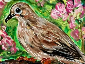 ORIGINAL ACEO Trauertaube VOGEL Gemälde Frühling Blume Natur ATC Kasheta KUNST - Bild 1 von 1