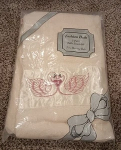 Vintage Grandma Core 3 Piece Bath Ensemble Swan Embroidered Cotton Towels - Picture 1 of 14