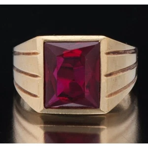 GENTLEMEN'S 14K YELLOW GOLD AND LAB-CREATED RUBY RING SIZE 9 SKY - Picture 1 of 9