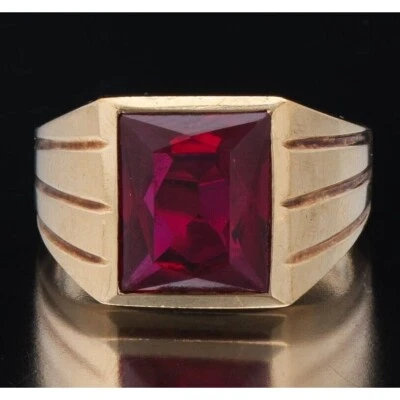 GENTLEMEN'S 14K YELLOW GOLD AND LAB-CREATED RUBY RING SIZE 9 SKY - Image 1 of 4