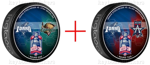 2023 ECHL Kelly Cup Playoffs Idaho Steelheads Dueling 2 Hockey Puck PKG -Round 2 Cover