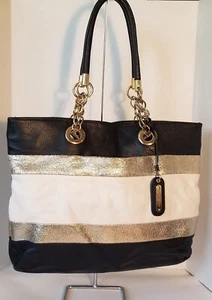 Cynthia Rowley Gold Chain Black Gold Off White Leather Tote Shoulder Bag - Picture 1 of 13