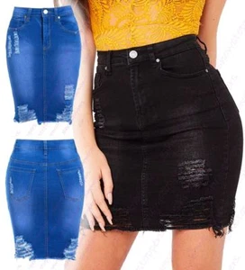 Womens Stretch Denim Skirt Ladies Pencil Ripped skirts NEW Size 8 10 12 14 Blue - Picture 1 of 15