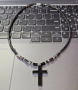 Hematite Beads Necklace w/ Cross Pendant Catholic Religious 17.5"- S91 - Picture 1 of 5