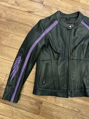 Milwaukee Leather Black Leather coat, Purple Wing and stud detail, zip out liner - Image 1 of 4