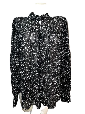 Nova Blusa Torrid Top Tamanho 1 (1X) 14-16 Cintilante Preta Chiffon Botão Bishop Slv - Imagem 1 de 4