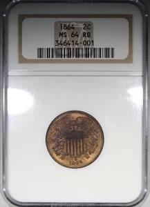 1864 Large Motto Two Cent Piece NGC MS64RB RED BROWN Coin Scuffy Holder - Picture 1 of 4