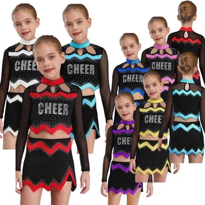 Girl Cheer Leader Costume Shiny Crop Top and Dance Skirt Set Cheer Uniform Outfi - Image 1 of 4