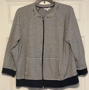 T by Talbots Damen Pullover mit Reißverschluss Gr. 2X schwarz weiß gestreift Langarm - Bild 1 von 3