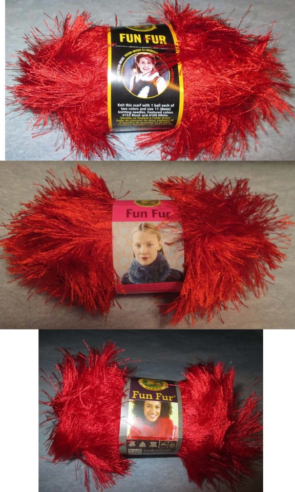 2 50g Balls Lion BRAND Fun Fur Yarn Red