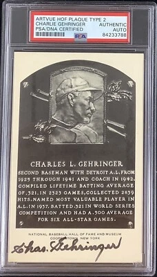 Charlie Gehringer Signed B&W HOF Plaque Postcard Artvue Type 2 Autograph PSA/DNA - Image 1 of 3