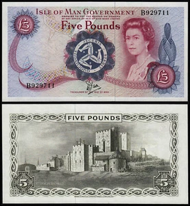 ISLE OF MAN 5 POUNDS DAWSON (P35a) QEII PREFIX B- UNC - Foto 1 di 1
