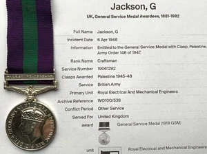 General Service Medal : Palestine 1915-48 Clasp, KGVI. R.E.M.E., on Medal Roll - Picture 1 of 4