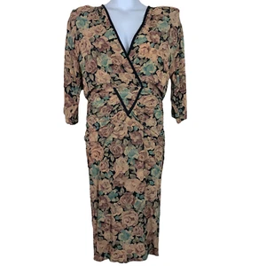 Vestido Vintage Años 80 Floral Cuello en V Hombro Almohadillas Barbara Barbara California - Imagen 1 de 7