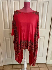 FREE PEOPLE Womens Boho Asymmetrical Patterned Blouse, L Large, Red/Pink - Picture 1 of 11