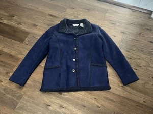 LL Bean Faux Suede Sherpa Lined Full Button Coat Blue Womens Medium Petite 0BCT7 - Picture 1 of 12