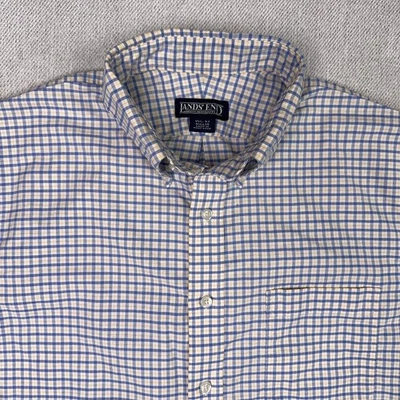 Vintage Lands End Oxford Button Shirt Mens 15.5-32 Blue Yellow Tattersall Check - Image 1 of 4