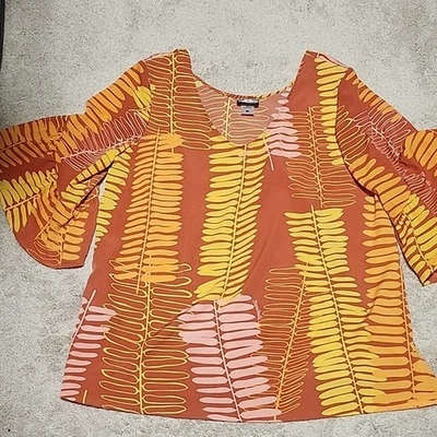 Manuhealii Orange And Yellow Hawaiian Tunic Top Ruffle Sleeves - Image 1 of 4