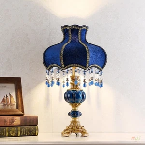 Pastoral style Blue Table Lamp LED Embroidered Fabric Shade Bedroom Desk Lights - Picture 1 of 5