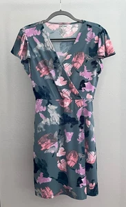 Nine West Teal Pink Wrap Midi Summer Floral V-Neck Dolman Sleeve Dress - Picture 1 of 5