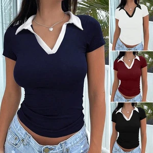 2025 Camiseta Top Mujer Europea y Americana Cuello Polo Manga Corta - Imagen 1 de 28